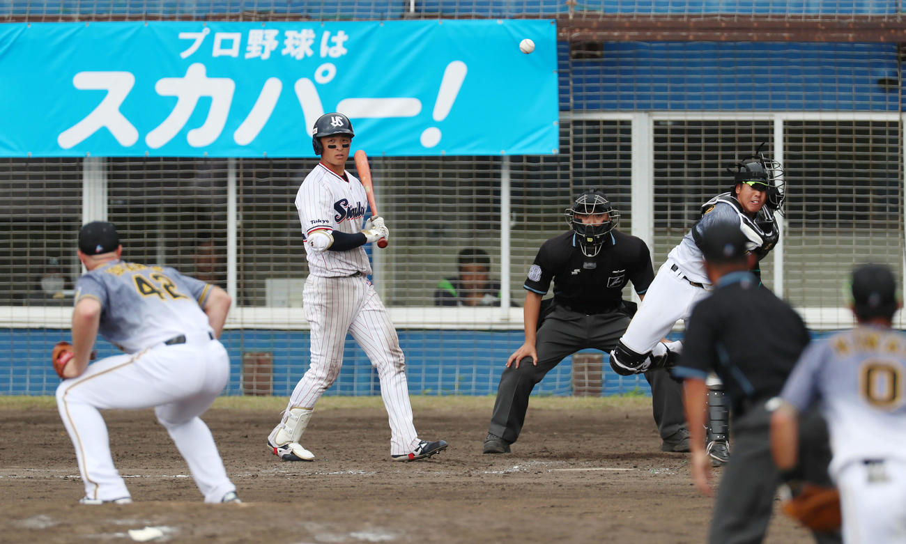ヤクルト対阪神　5回裏ヤクルト2死一塁、梅野は打者宮本のとき一走の代走並木を刺す（撮影・加藤哉）