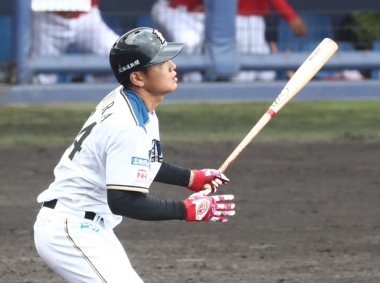 練習試合　日本ハム対広島　4回裏日本ハム無死、左前打を放つ野村（撮影・黒川智章）