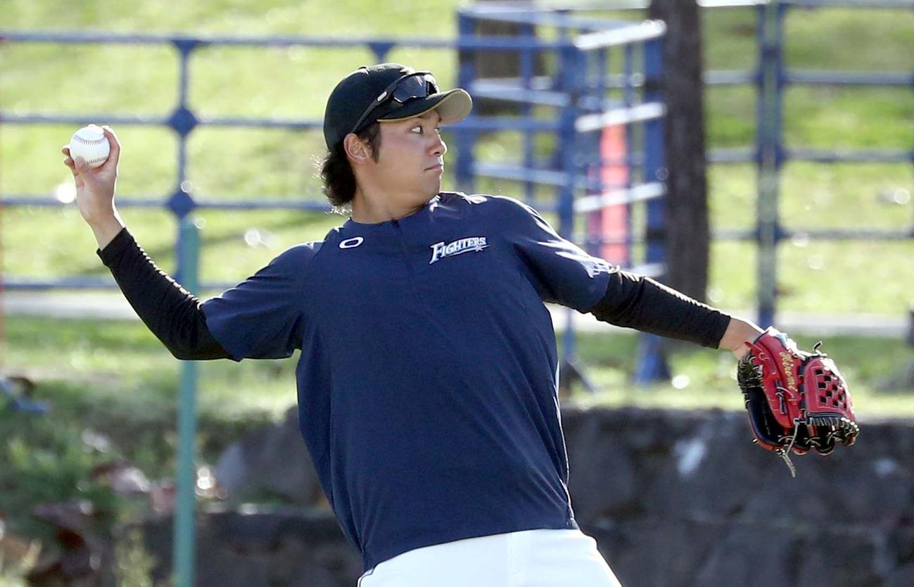 キャッチボールする日本ハム伊藤（撮影・黒川智章）