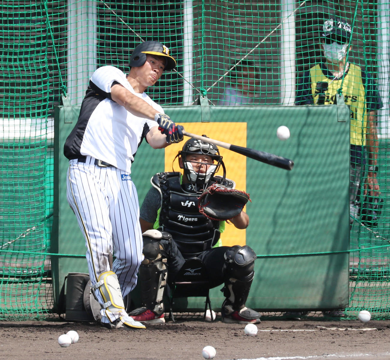 佐藤輝は打撃練習を柵越えするまで打ち続け、最後に右越えを放ち終了した（撮影・加藤哉）