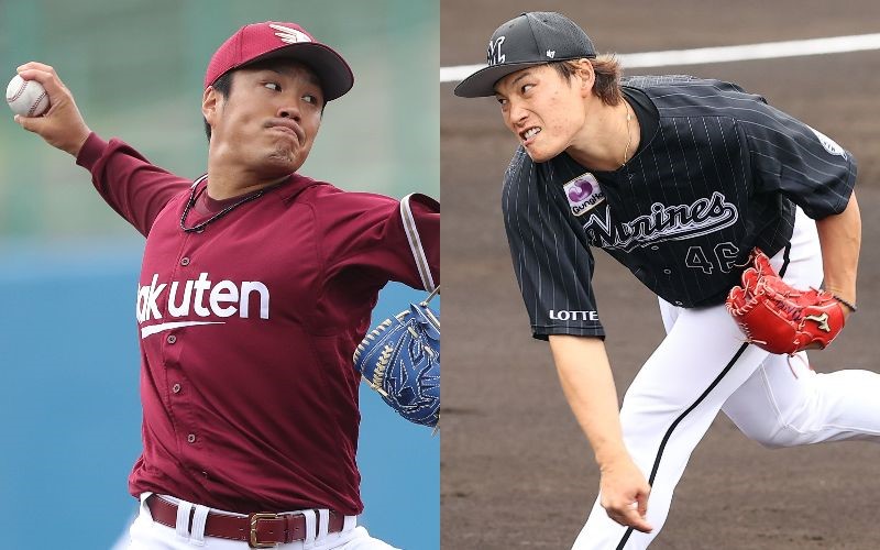 楽天則本昂（左）とロッテ岩下