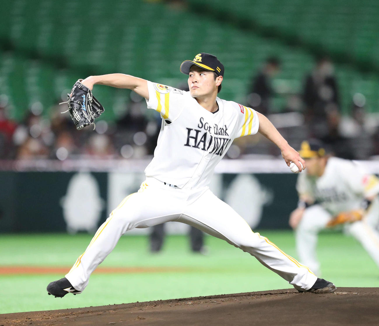 ソフトバンク対中日　4回無失点と好投したソフトバンク先発の笠谷（撮影・梅根麻紀）