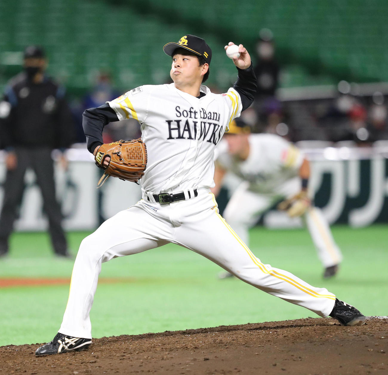 ソフトバンク対中日　3番手として登板した大関友久（撮影・梅根麻紀）