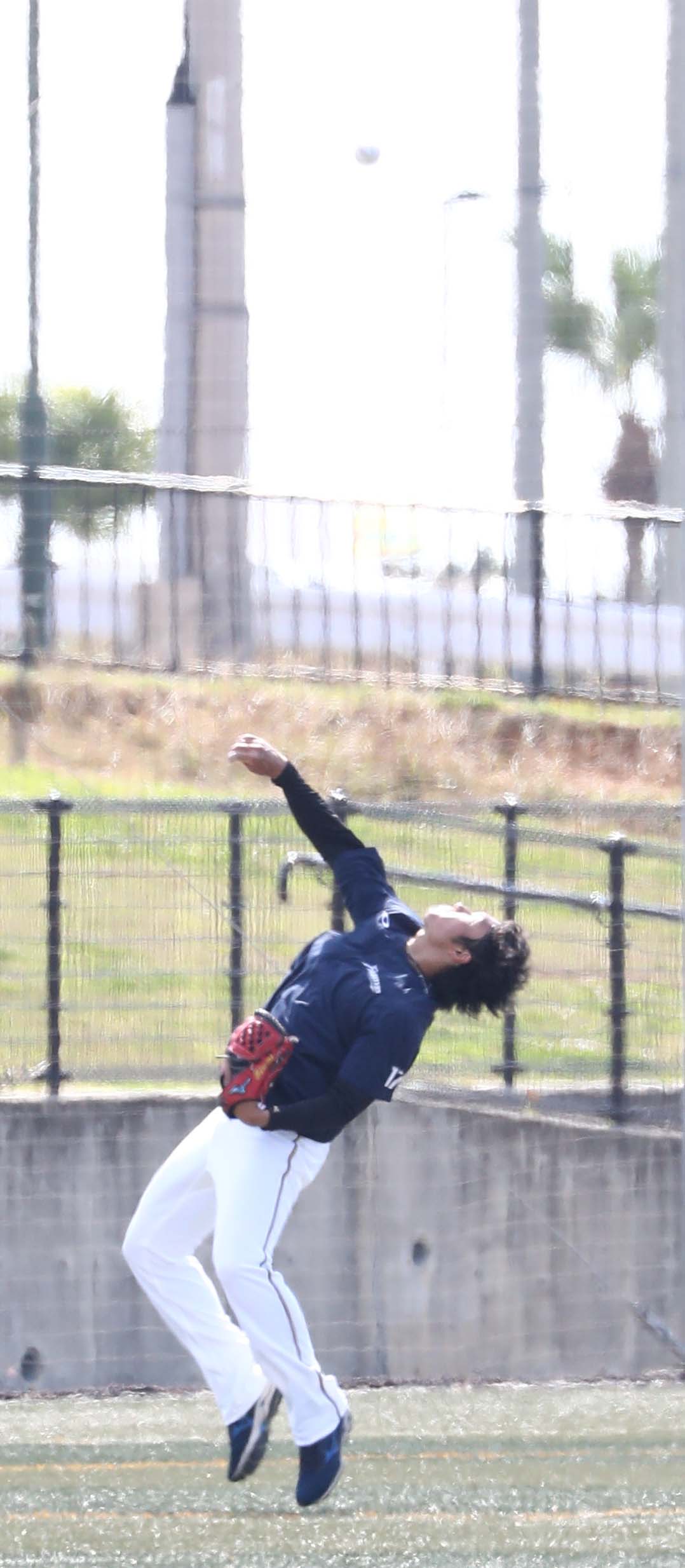上空に向けボールを高く投げ上げる日本ハム伊藤