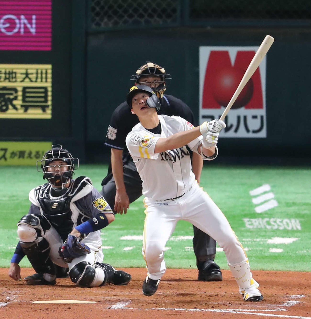 ソフトバンク対阪神　6回裏ソフトバンク1死、真砂は右中間に本塁打を放つ（撮影・梅根麻紀）