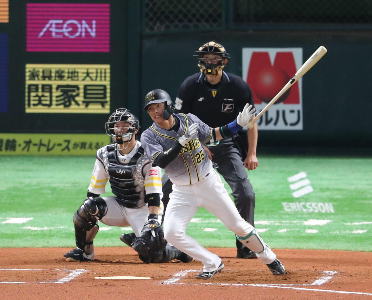 ソフトバンク対阪神　6回表阪神2死一塁、北條史也は右越えに適時二塁打を放つ（撮影・梅根麻紀）