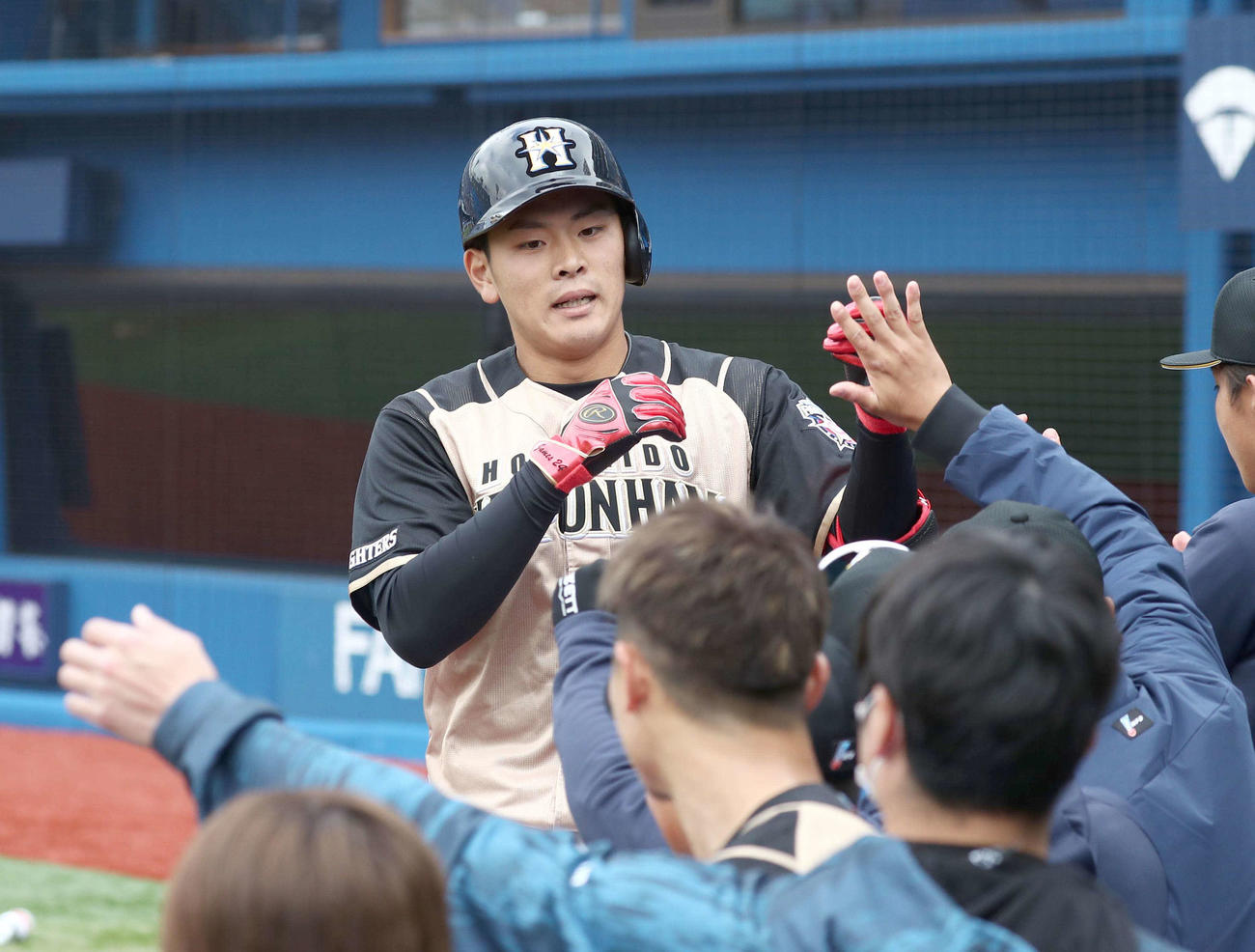 DeNA対日本ハム　5回表日本ハム2死、左越え本塁打を放ち出迎えられる野村（撮影・黒川智章）