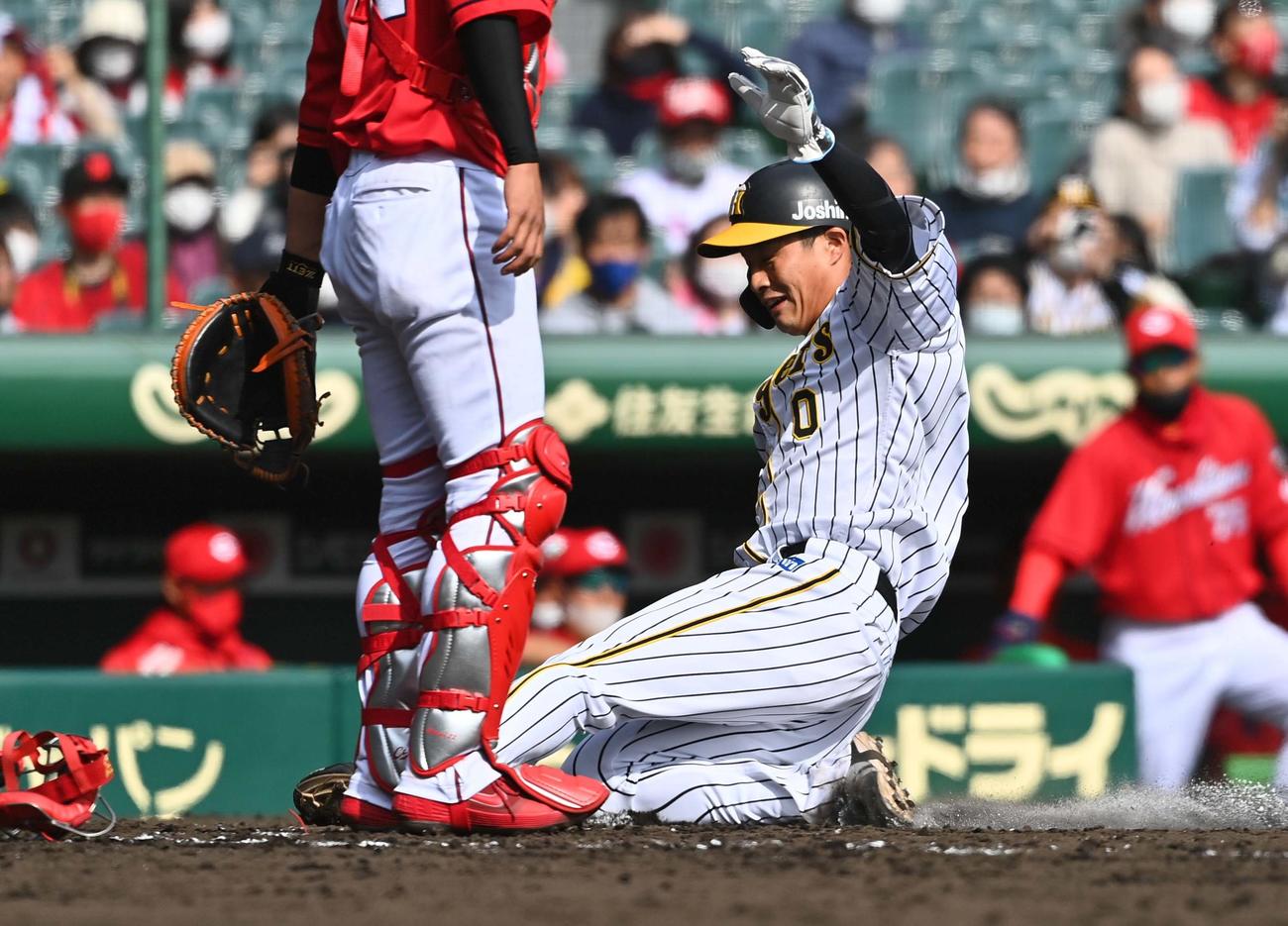 阪神対広島　4回裏阪神2死二、三塁、板山祐太郎の逆転2点適時打で生還する木浪聖也（撮影・上田博志）