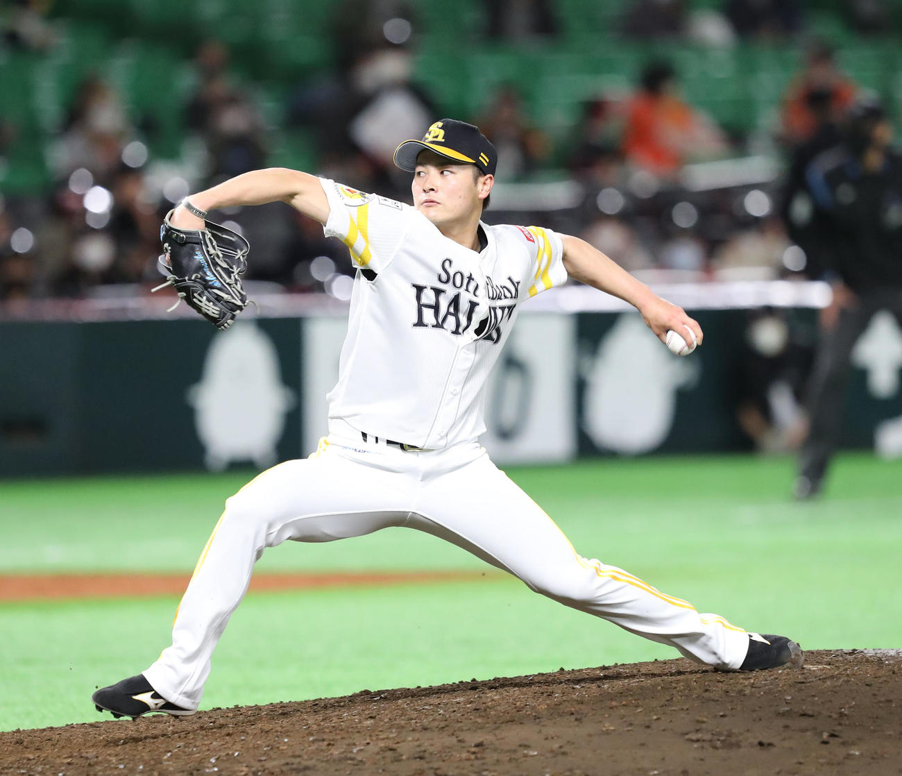 5回から2番手として登板した笠谷（撮影・梅根麻紀）