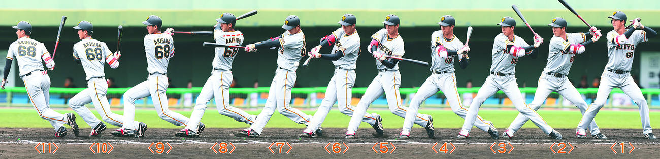 2月11日、巨人紅白戦の7回表無死、左腕・戸根の124キロの変化球を右前打とする秋広（撮影・足立雅史）