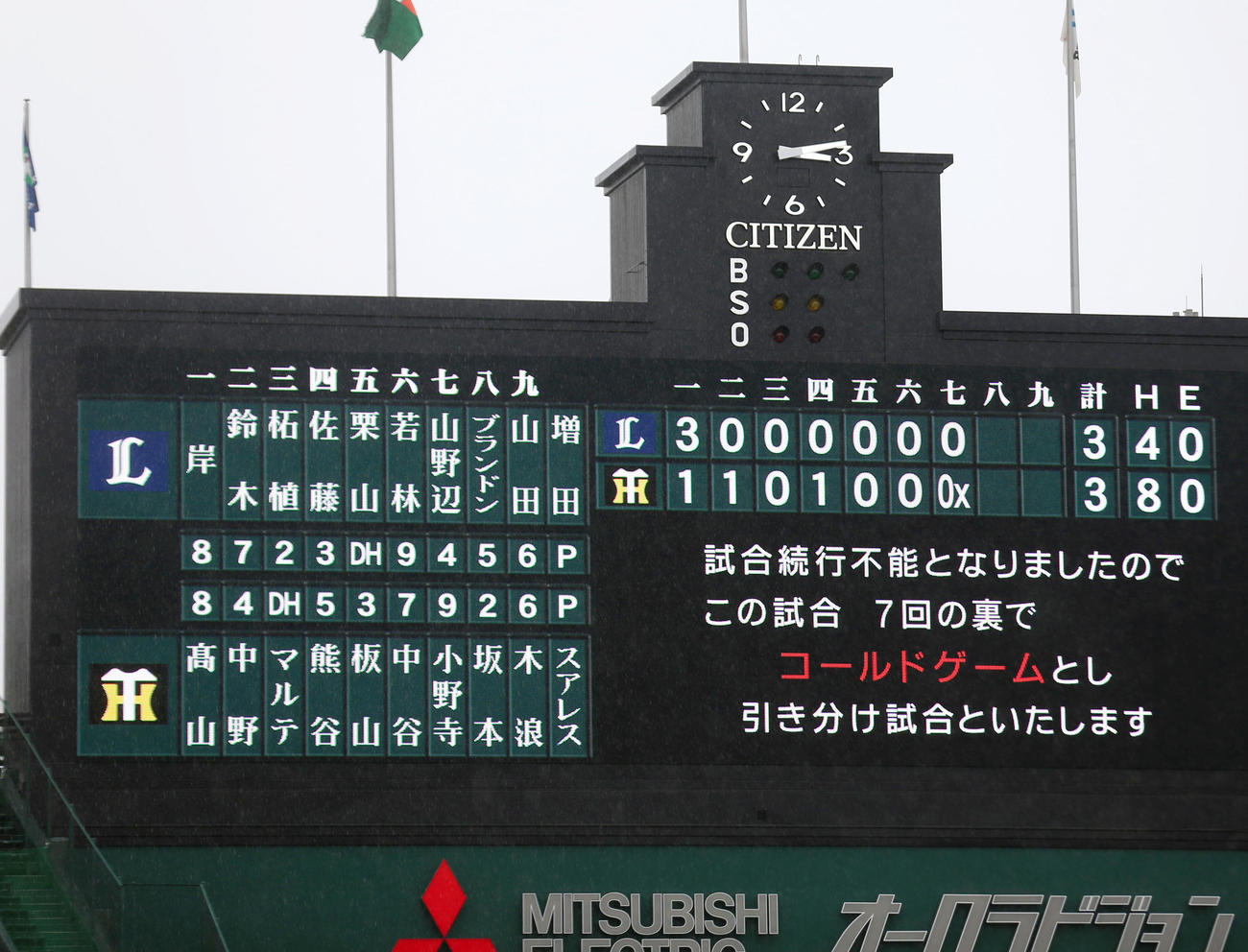 阪神対西武　降雨コールドゲームとなった甲子園球場（撮影・上山淳一）