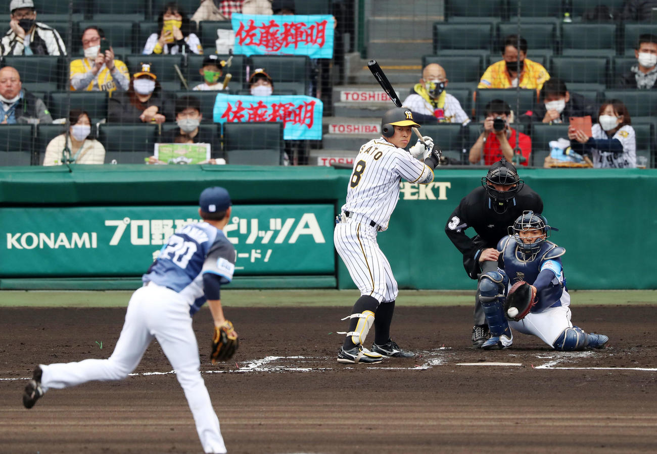 阪神対西武　2回裏阪神2死、佐藤輝は四球を選んで出塁する、左は浜屋（撮影・加藤哉）