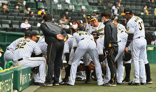円陣で声だしをする佐藤輝明（左）（撮影・上田博志）