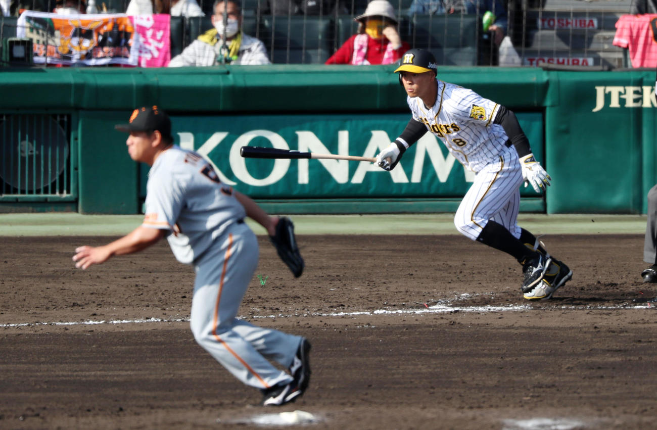 阪神対巨人　7回裏阪神無死、佐藤輝は右前打を放つ、左は戸根（撮影・加藤哉）