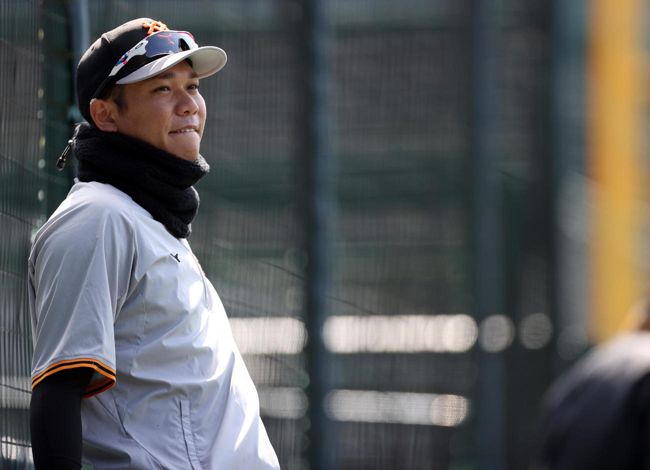阪神対巨人　試合前の練習でグラウンドを見つめる坂本（撮影・狩俣裕三）