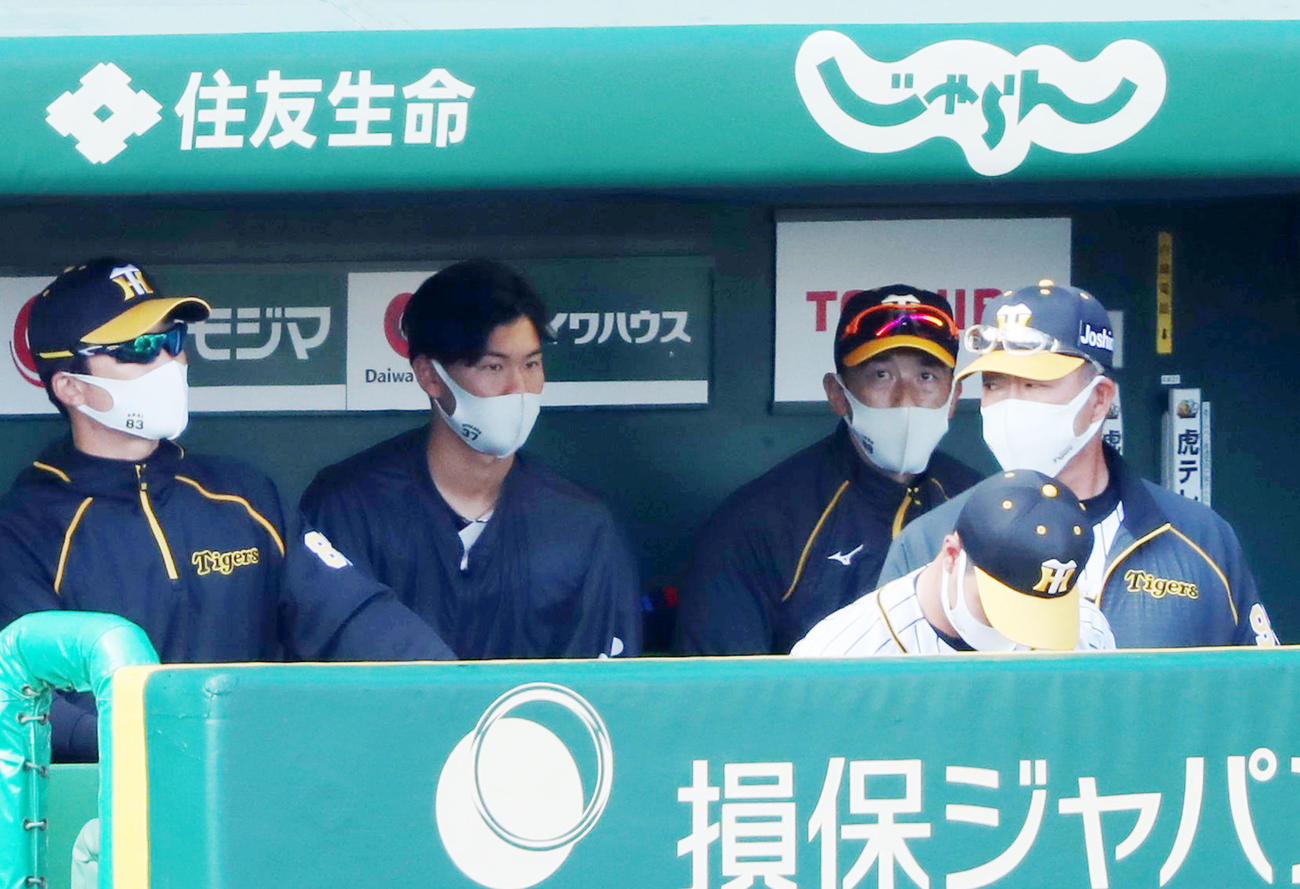 阪神対巨人　7回裏、ベンチで矢野監督（右）の横に座る及川（撮影・加藤哉）