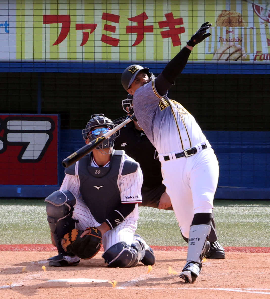 ヤクルト対阪神　4回表阪神1死、寺島から左越え本塁打を放つマルテ（撮影・野上伸悟）