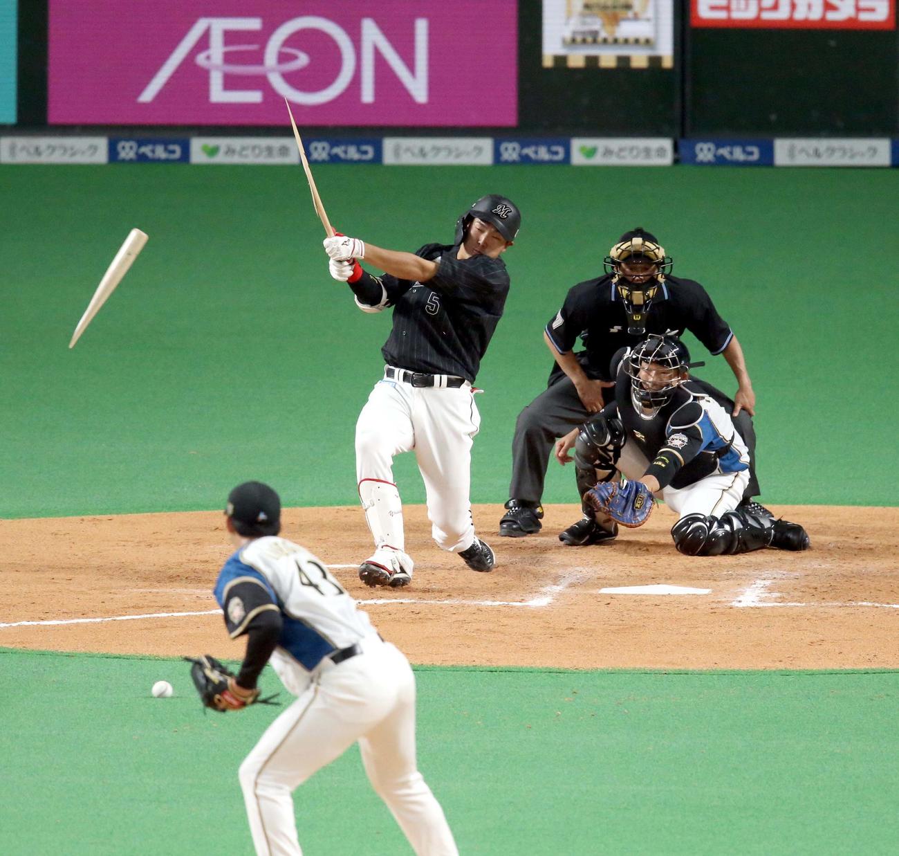 日本ハム対ロッテ　7回表ロッテ無死一塁、安田のバットを折り二併殺打に仕留める日本ハム長谷川（撮影・佐藤翔太）