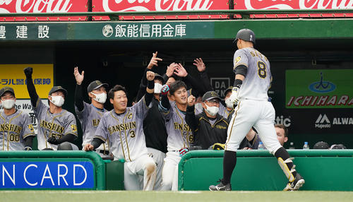 阪神対西武　2回表阪神無死、右越えに6号本塁打を放ち、ナインに迎えられる佐藤輝（右端）（撮影・菅敏）