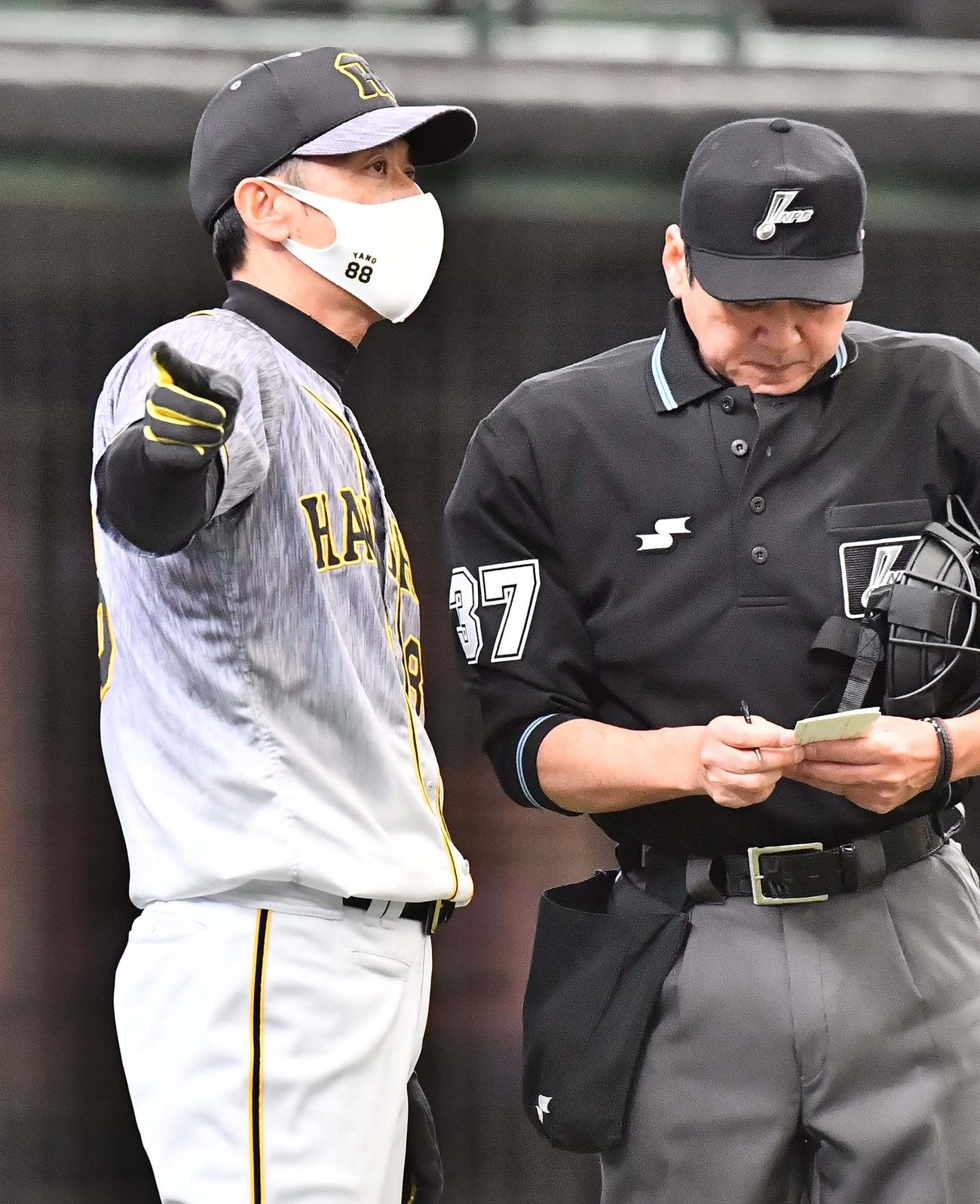 選手交代を告げる矢野監督（撮影・上田博志）