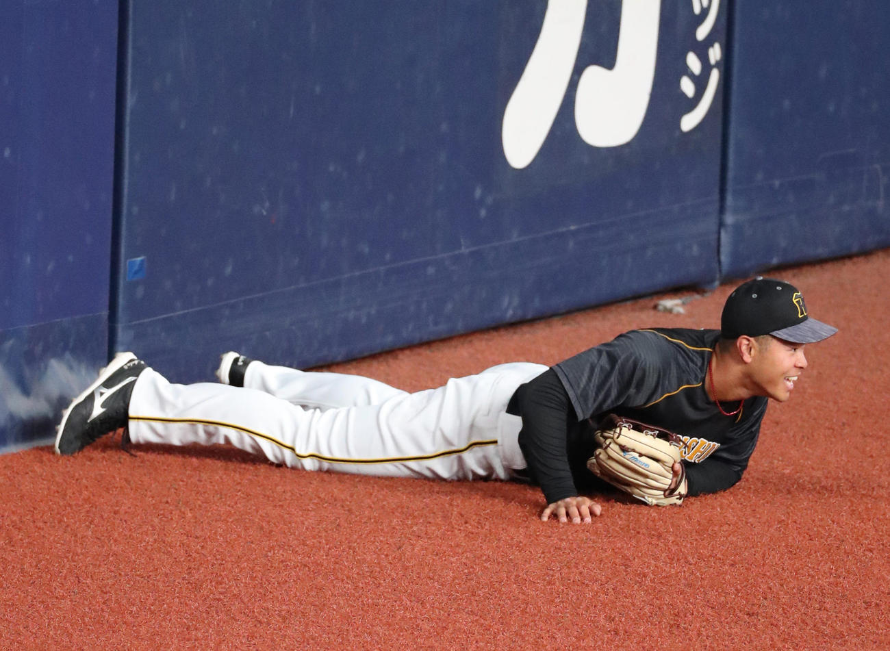 オリックス対阪神　京セラドームの右翼で守備練習を行う佐藤輝明（撮影・清水貴仁）