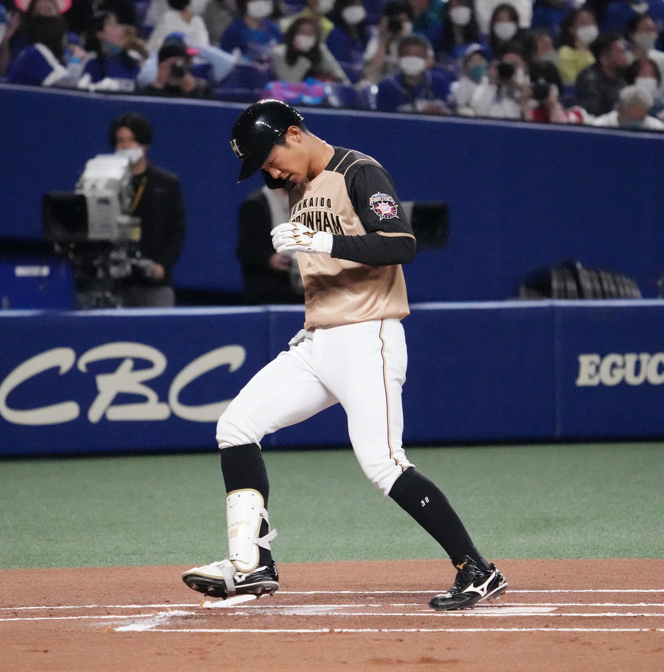 オープン戦・中日対日本ハム　1回表日本ハム1死、右越え本塁打を放った石井一成（撮影・森本幸一）