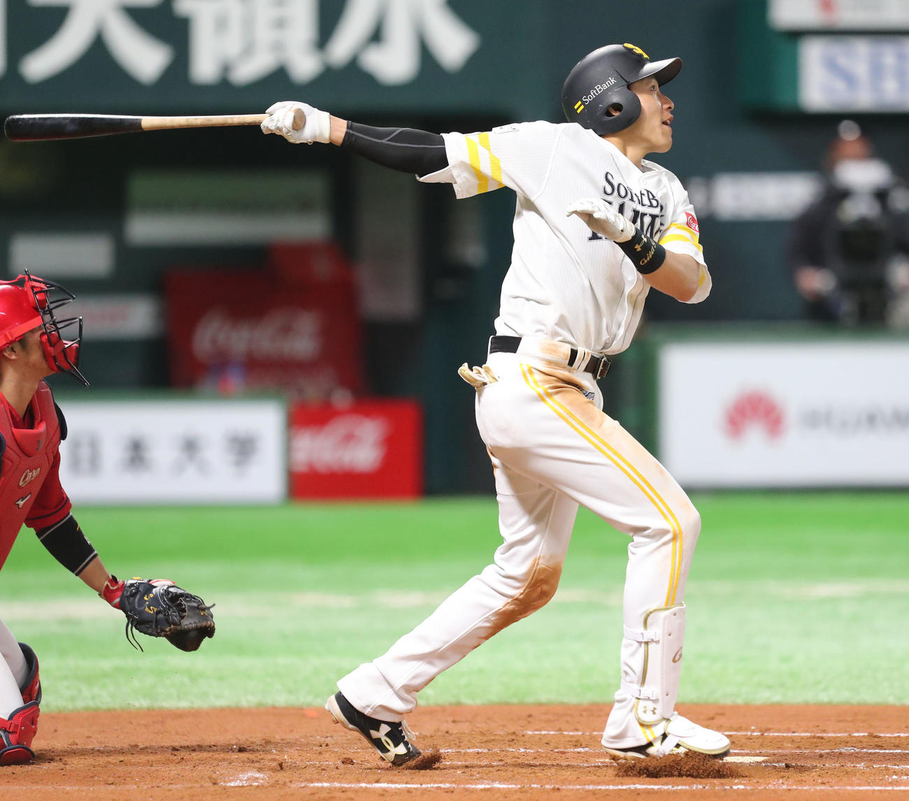 ソフトバンク対広島　6回裏ソフトバンク1死二塁、柳田は左前勝ち越し適時打を放つ（撮影・梅根麻紀）
