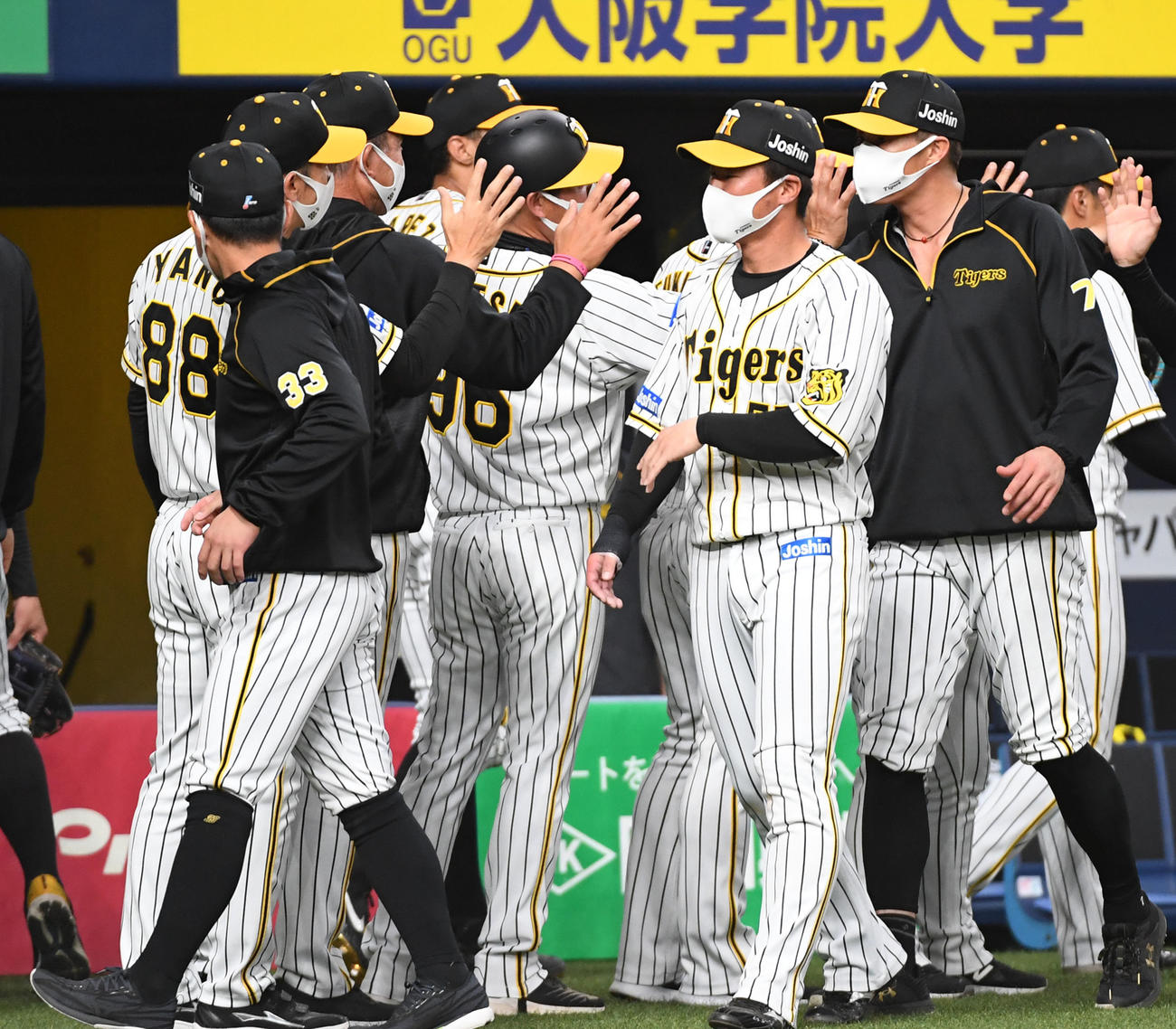 阪神対オリックス　糸井（右）らナイン迎える矢野監督（撮影・前岡正明）