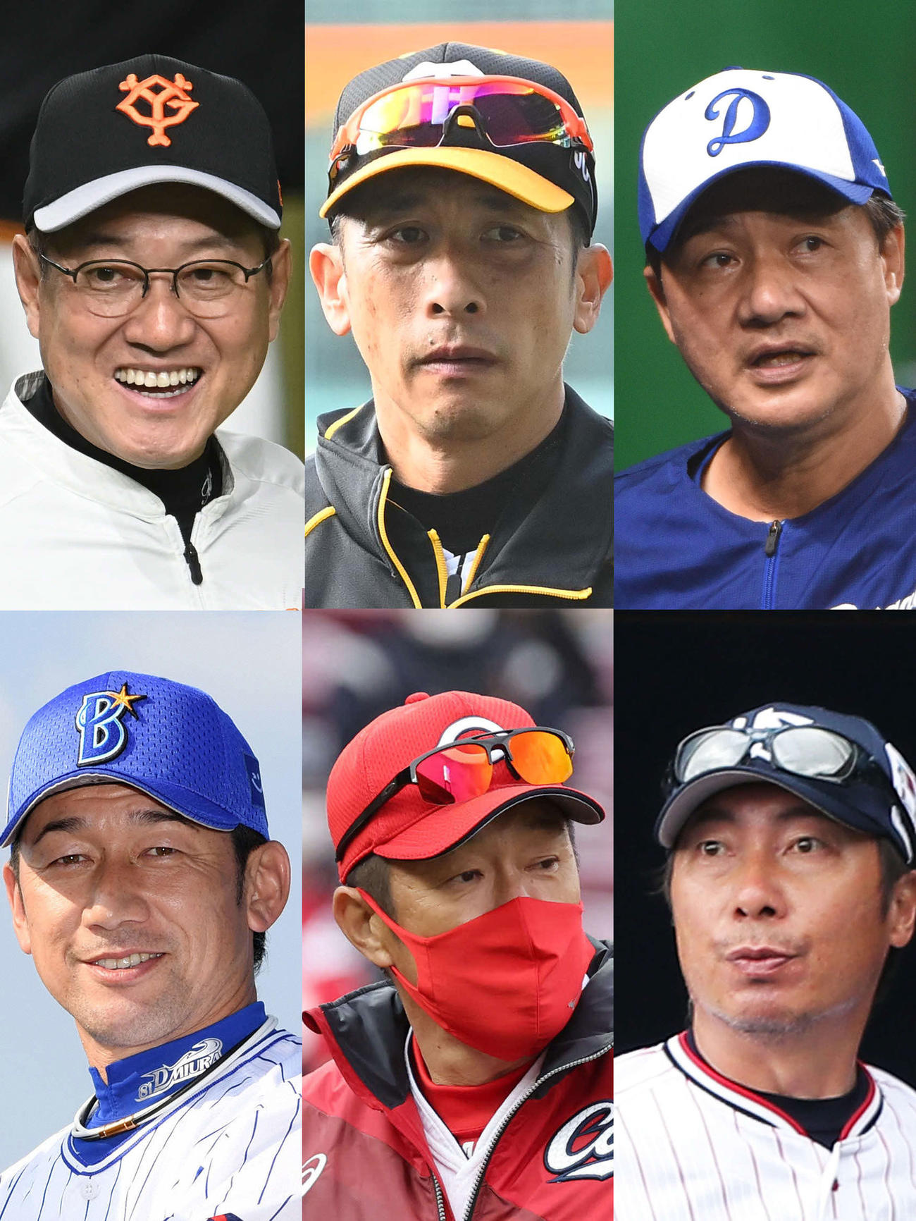 左上から時計回りに巨人原監督、阪神矢野監督、中日与田監督、ヤクルト高津監督、広島佐々岡監督、DeNA三浦監督