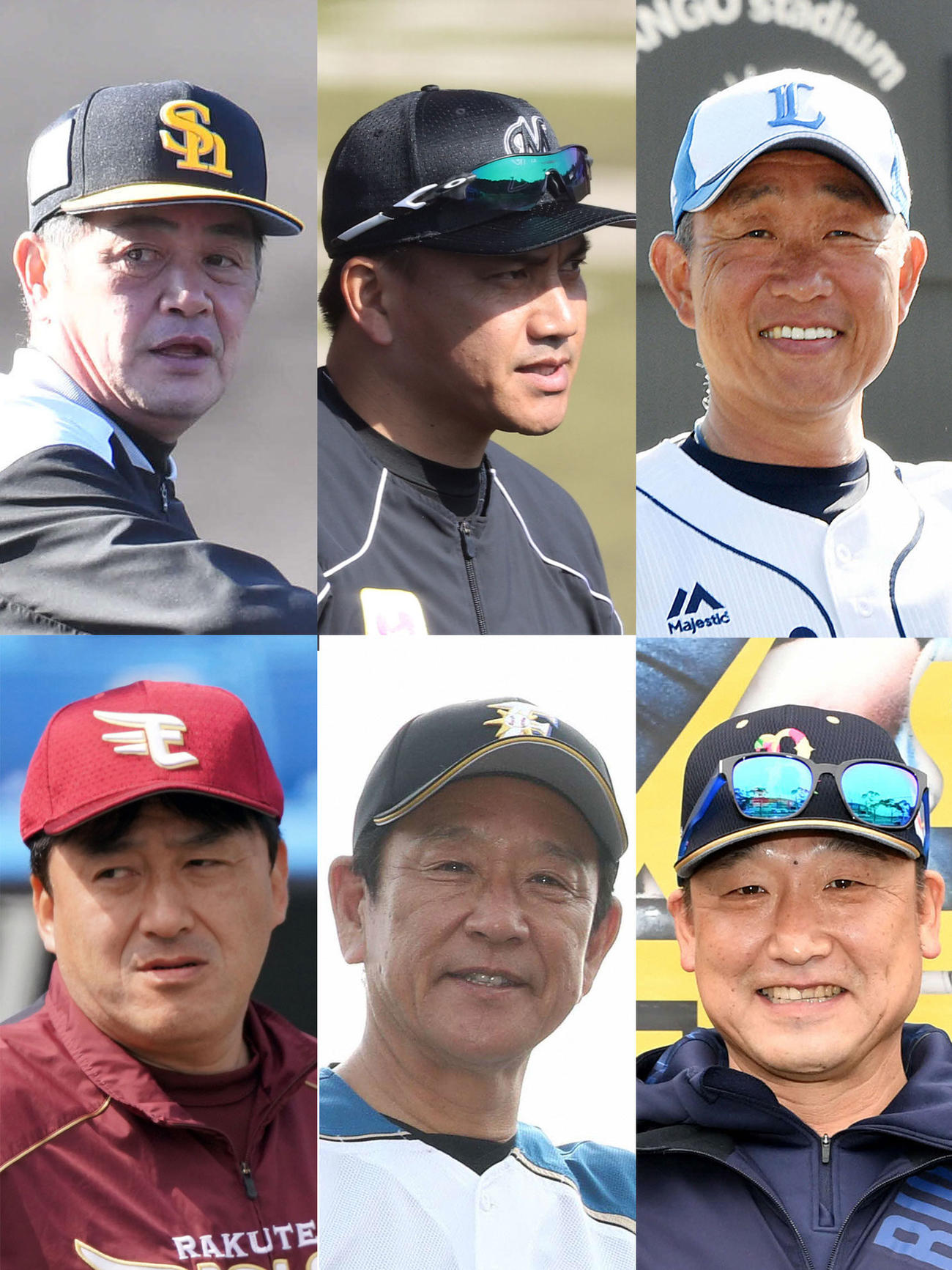 左上から時計回りにソフトバンク工藤監督、ロッテ井口監督、西武辻監督、オリックス中嶋監督、日本ハム栗山監督、楽天石井GM兼監督