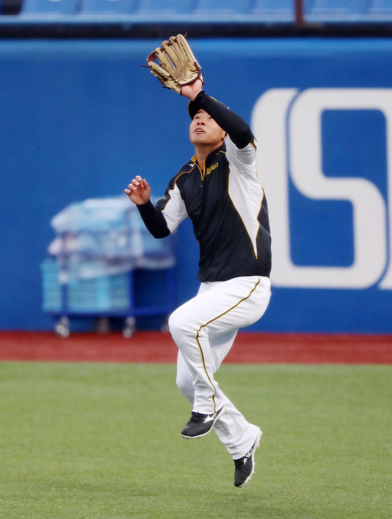 守備練習でボールを捕球する佐藤輝明（撮影・加藤哉）