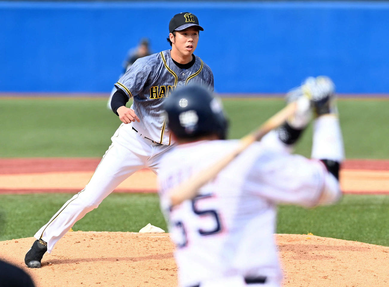 ヤクルト対阪神　2回裏ヤクルト無死、村上を一ゴロに打ち取る阪神の先発青柳（撮影・ たえ 見朱実）