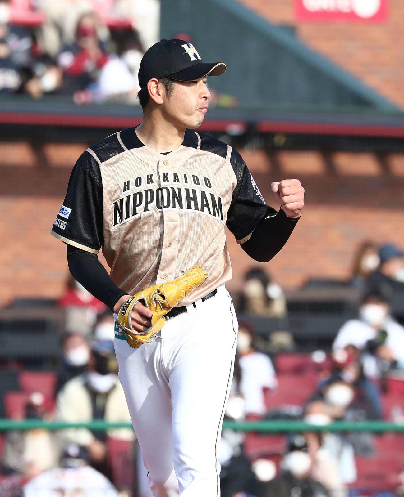 楽天対日本ハム　4回裏楽天2死三塁、太田を三振にとり、ガッツポーズの加藤（撮影・黒川智章）