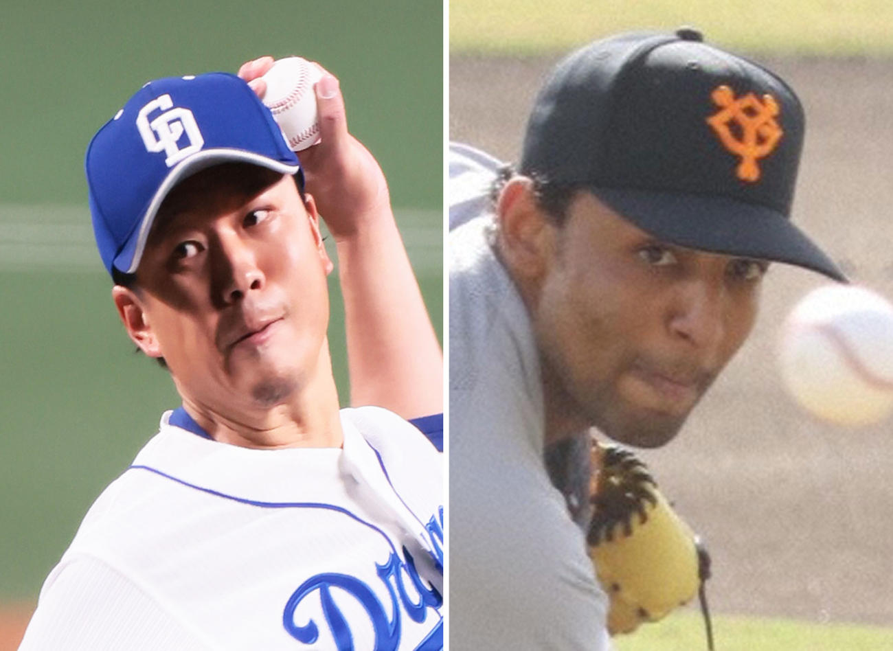 中日大野雄大、巨人サンチェス（右）