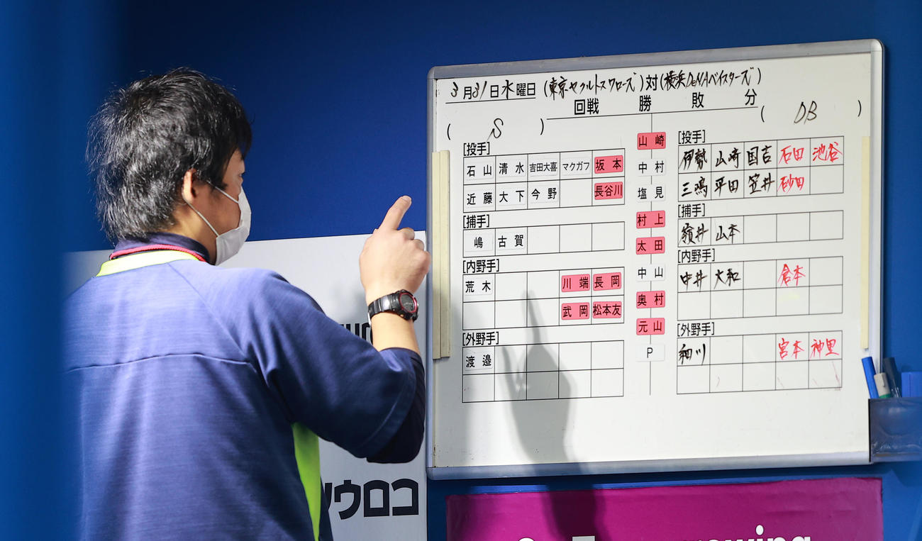 DeNA対ヤクルト　試合前にベンチ入りメンバーのボードを確認するヤクルトのスタッフ（撮影・野上伸悟）
