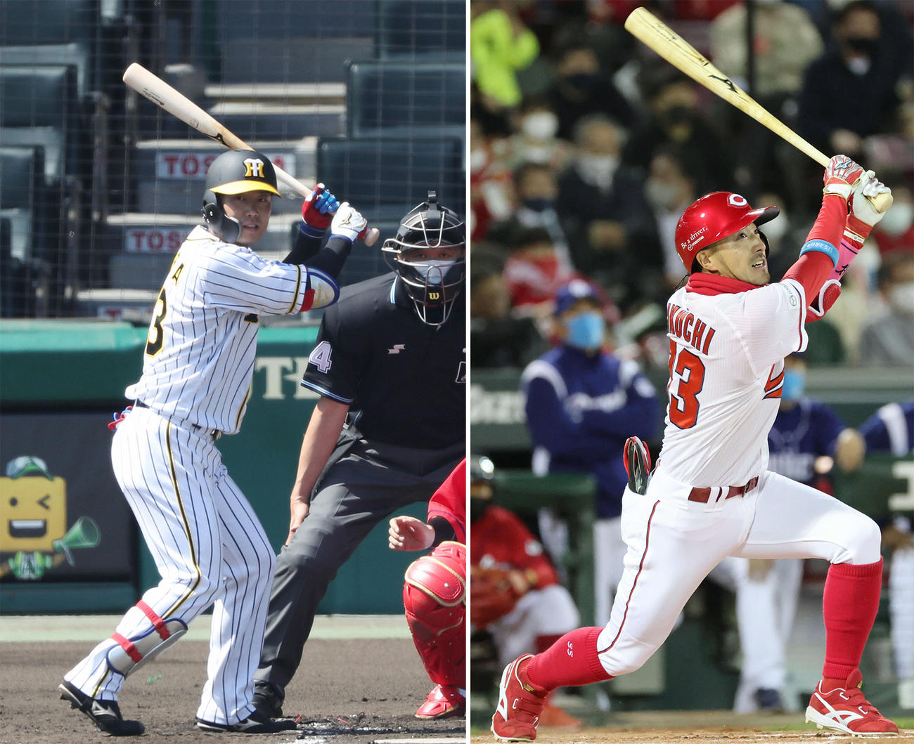 阪神糸原健斗（左）、広島菊池涼介