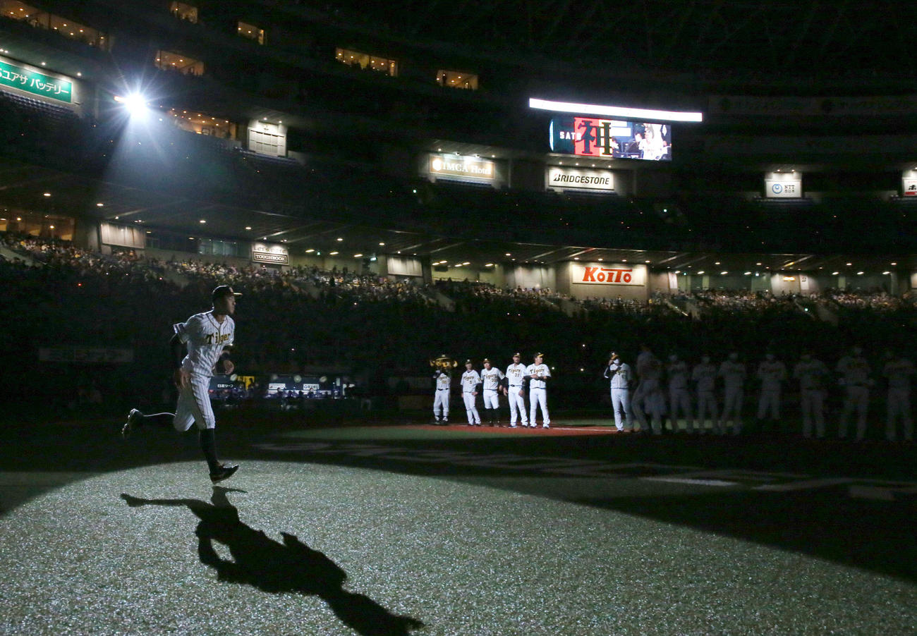 阪神対中日　試合前、ホーム開幕でセレモニーでグラウンドへ駆け出す佐藤輝（撮影・上山淳一）