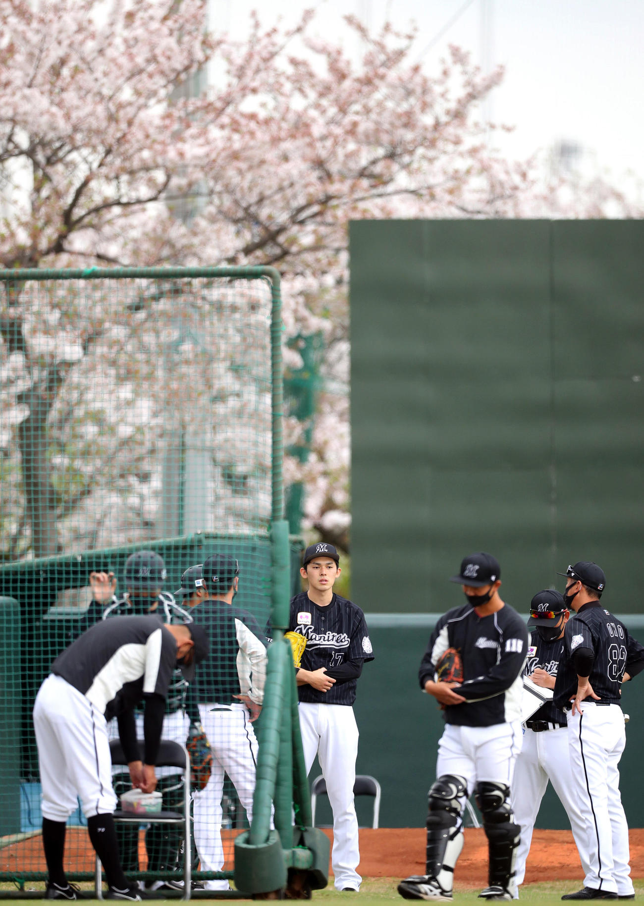 試合前に話し合うロッテ先発の佐々木朗（中央）（代表撮影）