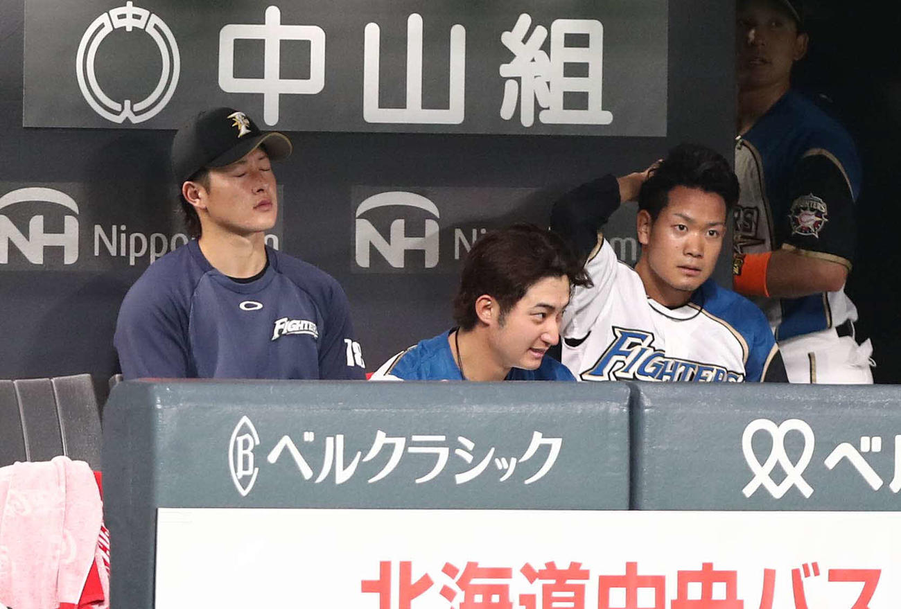 日本ハム対ロッテ　ベンチで渋い表情の吉田（左）と福田（右）（撮影・黒川智章）