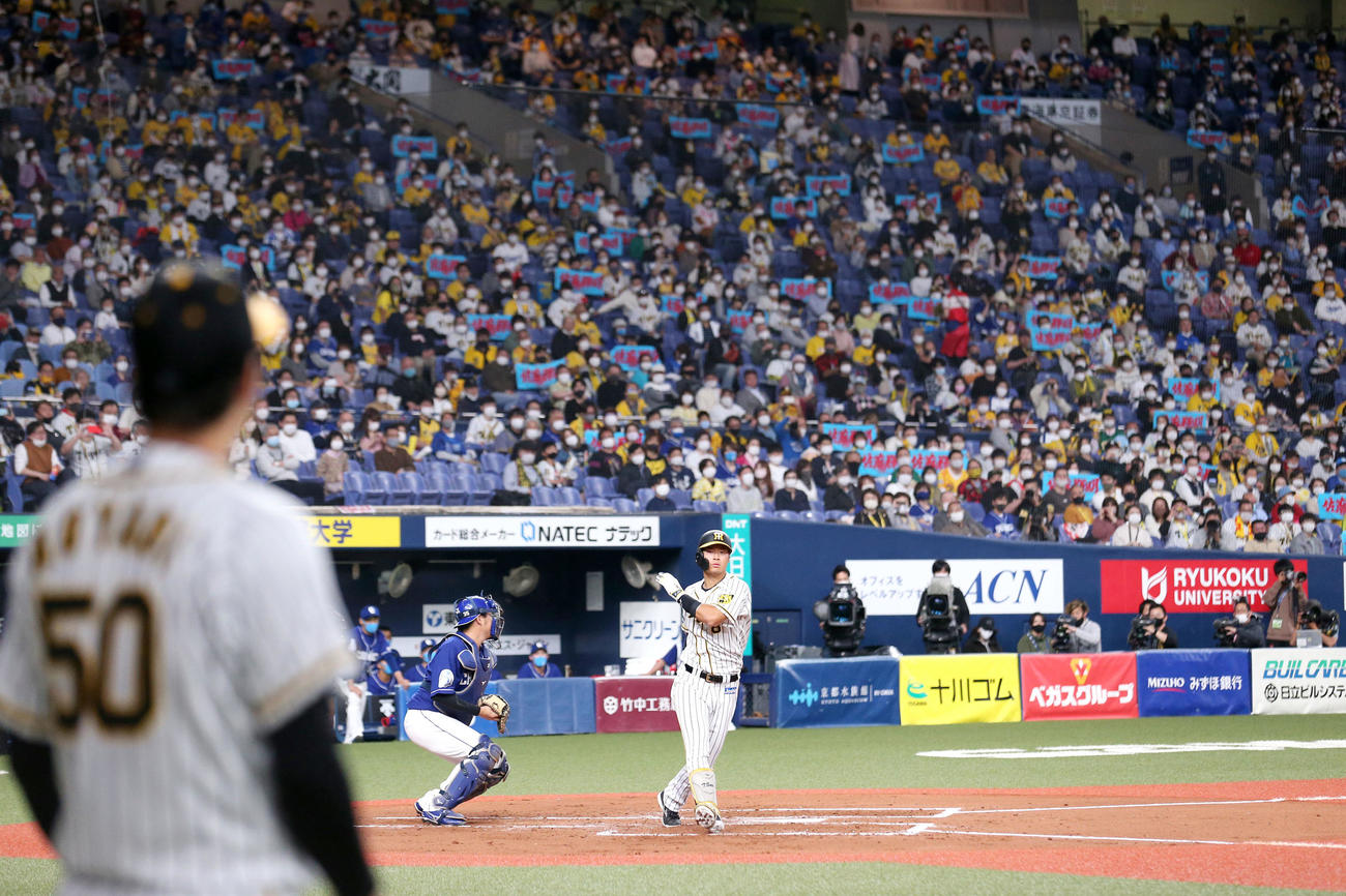 阪神対中日　2回裏阪神2死、佐藤輝は空振り三振に終わる（撮影・上山淳一）