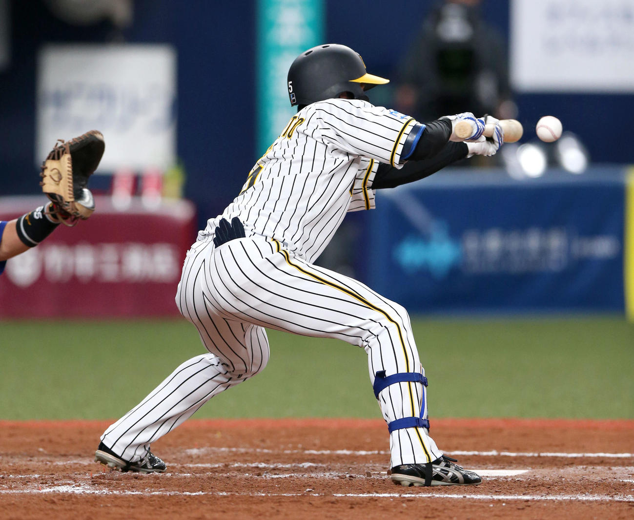 阪神対中日　7回裏阪神無死一塁、近本はバントで一塁手ビシエドが悪送球し内野安打となる（撮影・上山淳一）