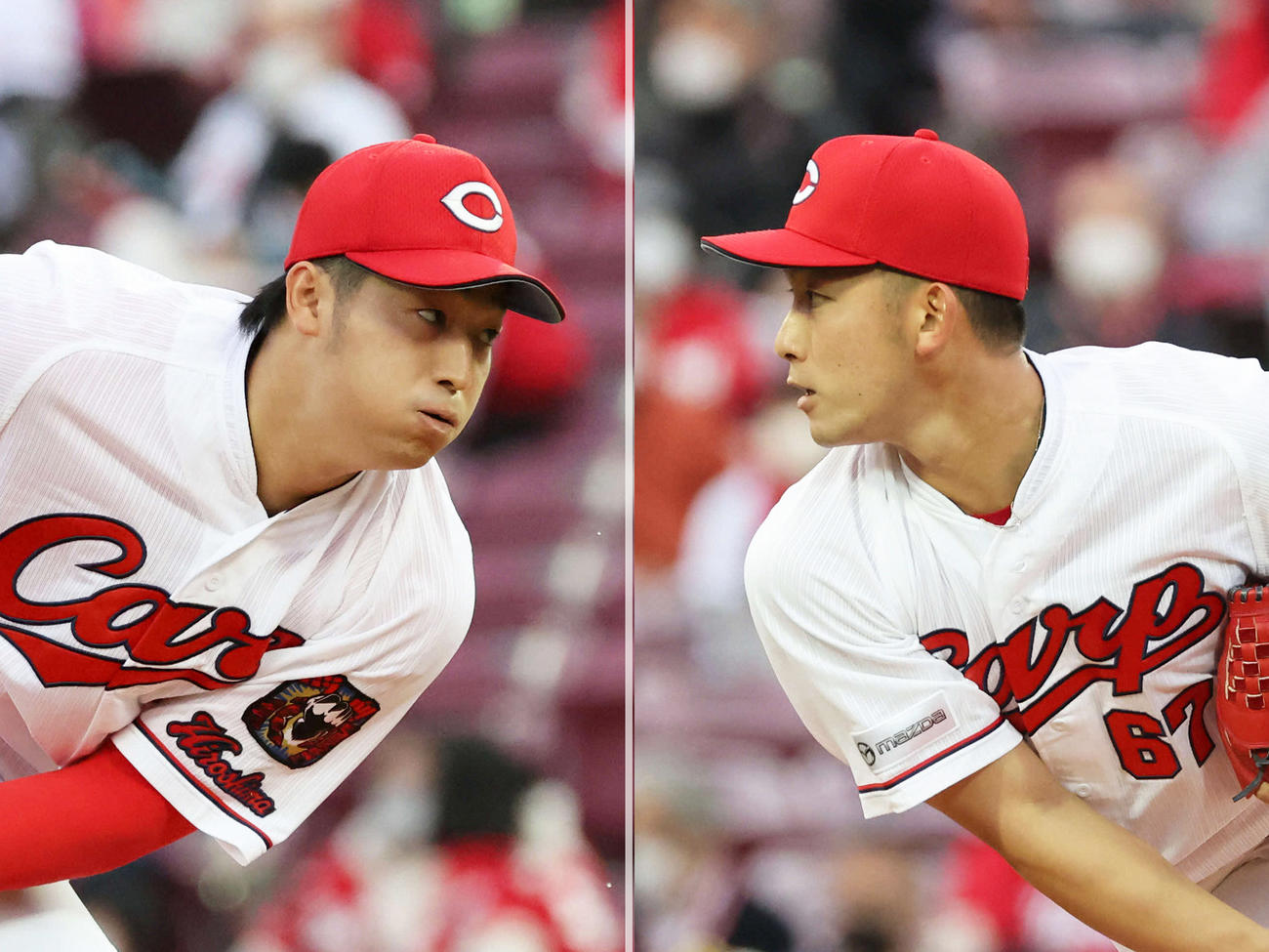 広島床田寛樹（左）と中村祐太