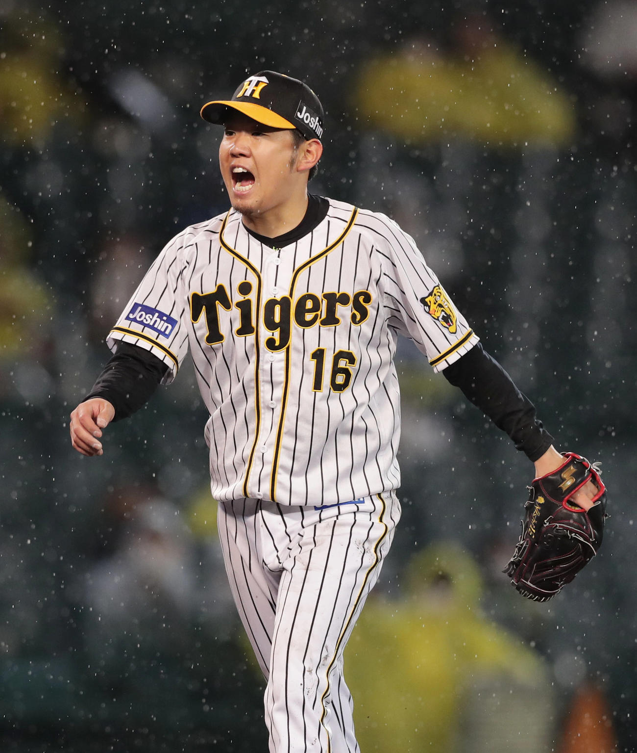 阪神対巨人　4回表巨人2死一、二塁、亀井を見逃し三振に仕留め、雄たけびをあげる西勇（撮影・前田充）