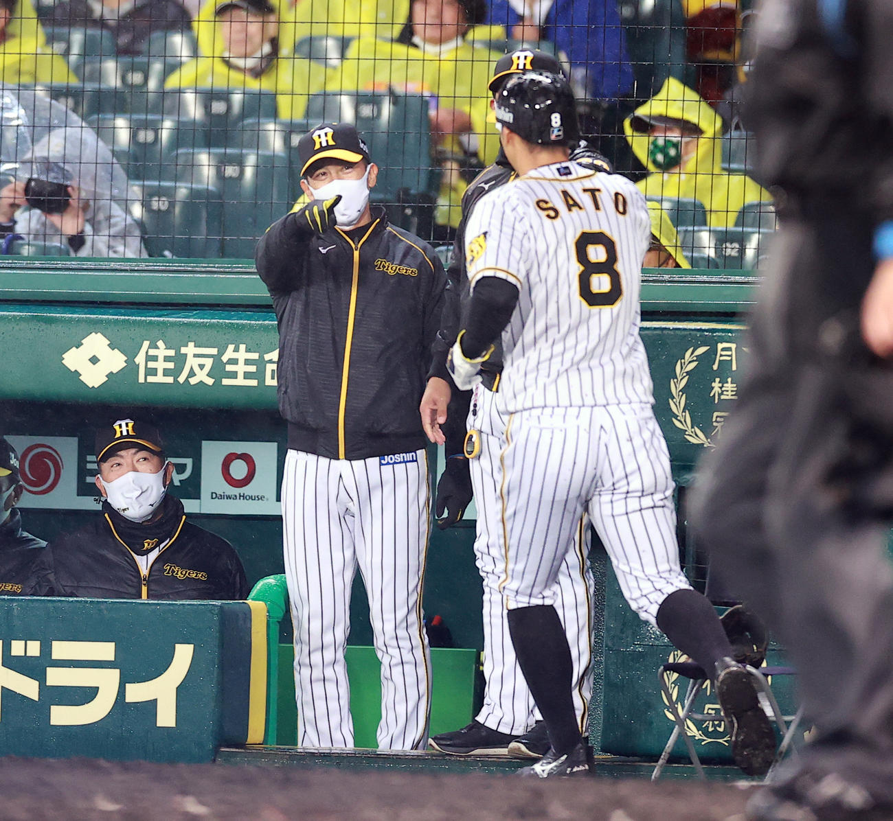 阪神対巨人　2回裏阪神無死一、三塁、木浪の中犠飛で生還した佐藤輝（手前）を迎える矢野監督（撮影・浅見桂子）