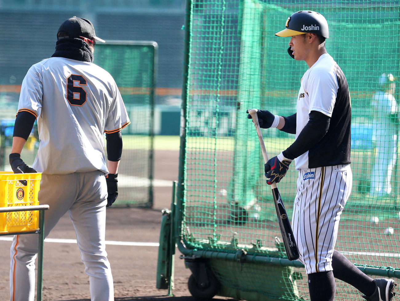 阪神対巨人　試合前、巨人の坂本（左）と話す佐藤輝明（撮影・上山淳一）