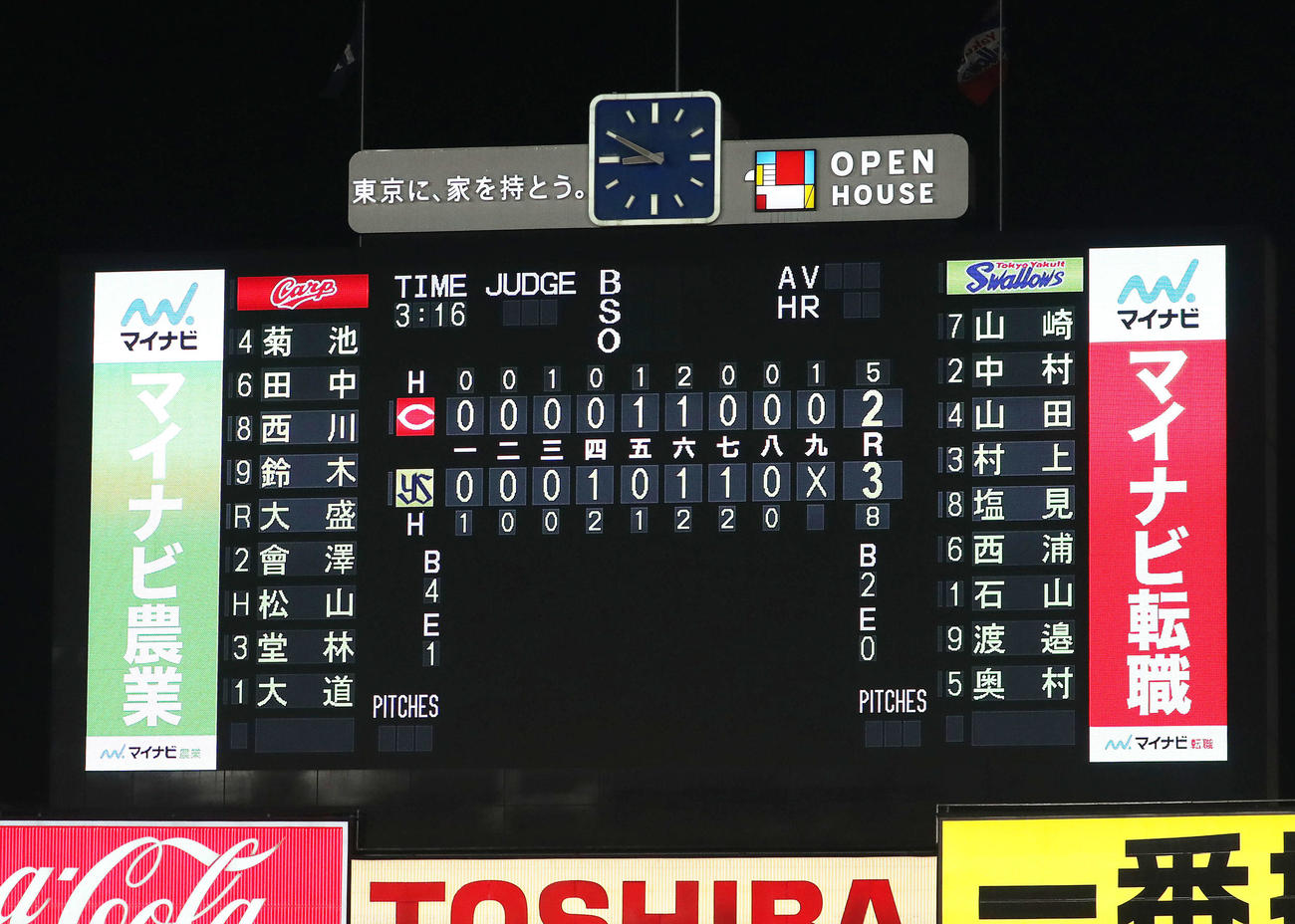 ヤクルト対広島　広島に3－2で勝利したヤクルト（撮影・河田真司）