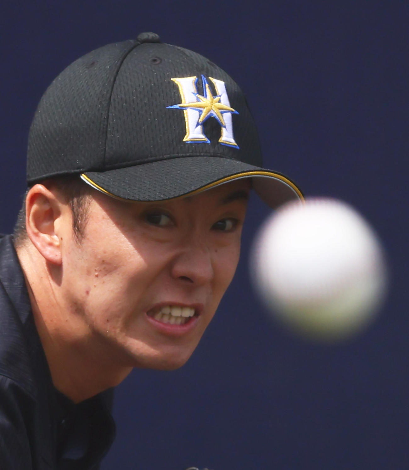 ブルペンで投球練習をする日本ハム斎藤（撮影・足立雅史）