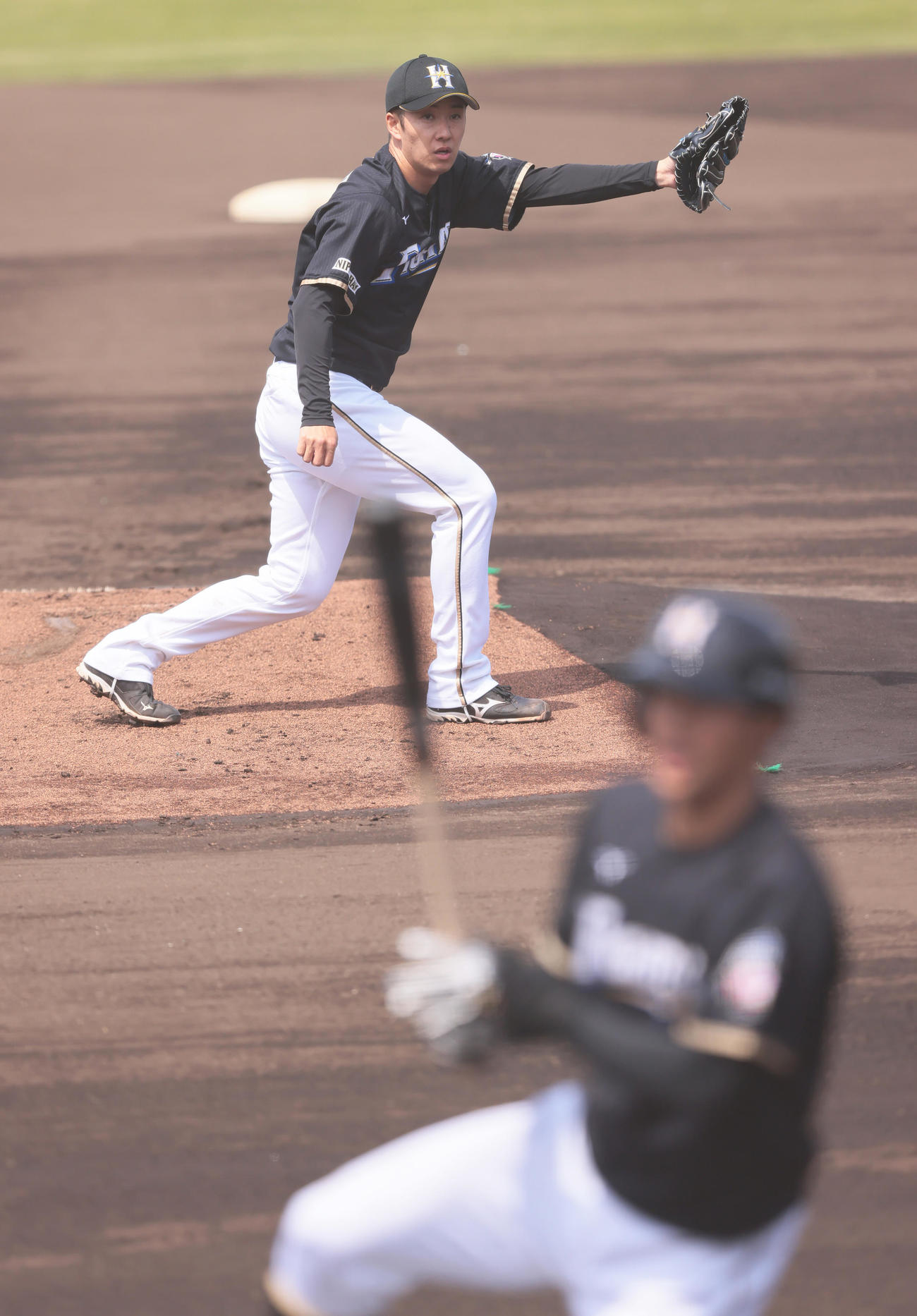 打撃投手を務めた日本ハム斎藤。打者細川（撮影・足立雅史）