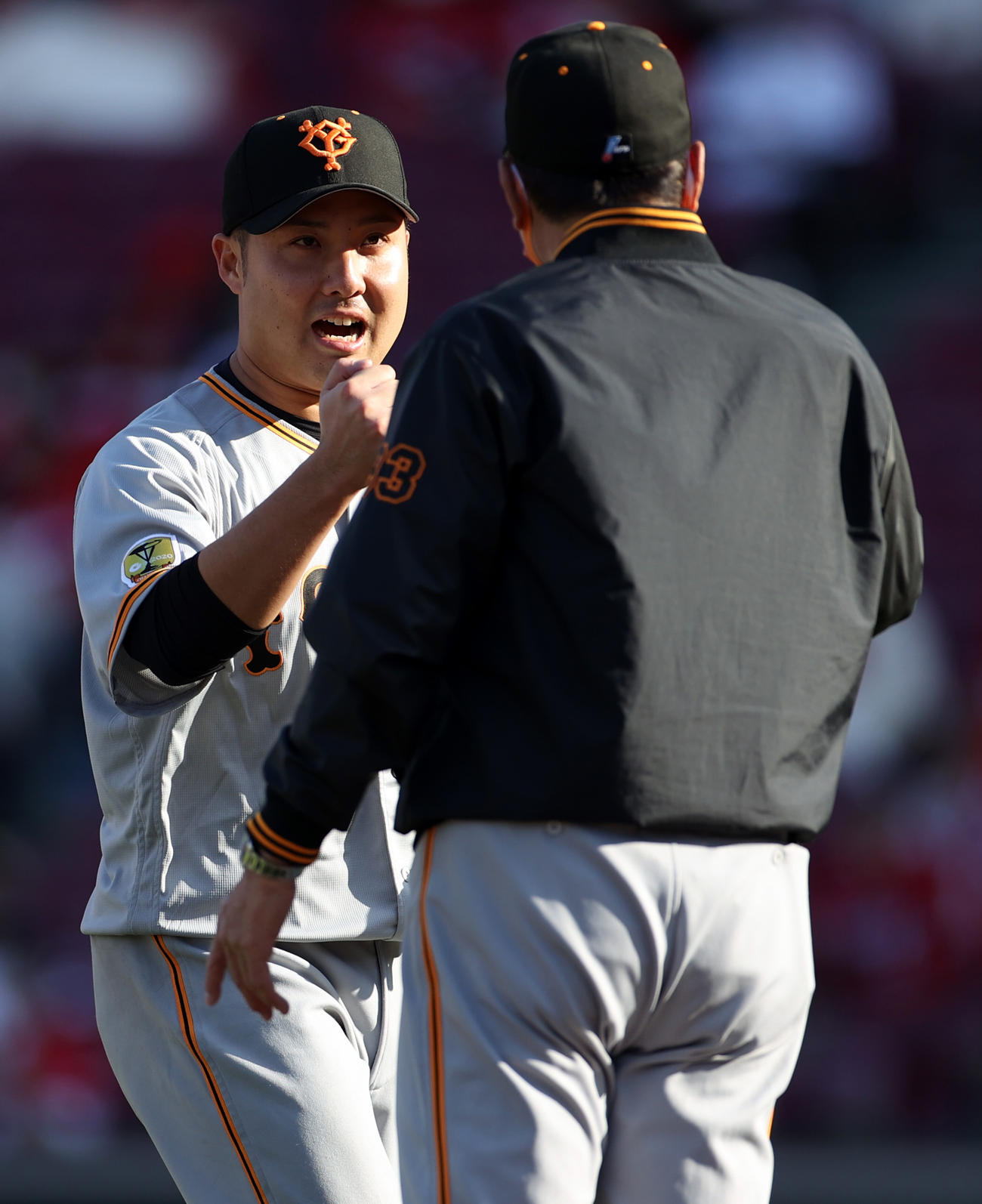 広島対巨人　試合終了後、原監督（手前）とタッチを交わす今村（撮影・狩俣裕三）