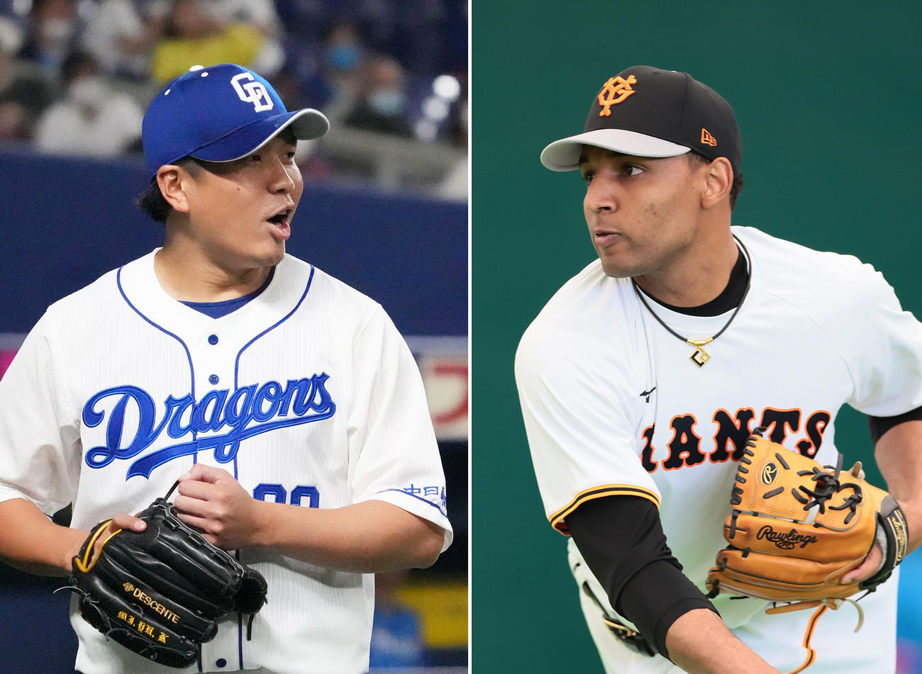 中日大野雄大（左）、巨人サンチェス